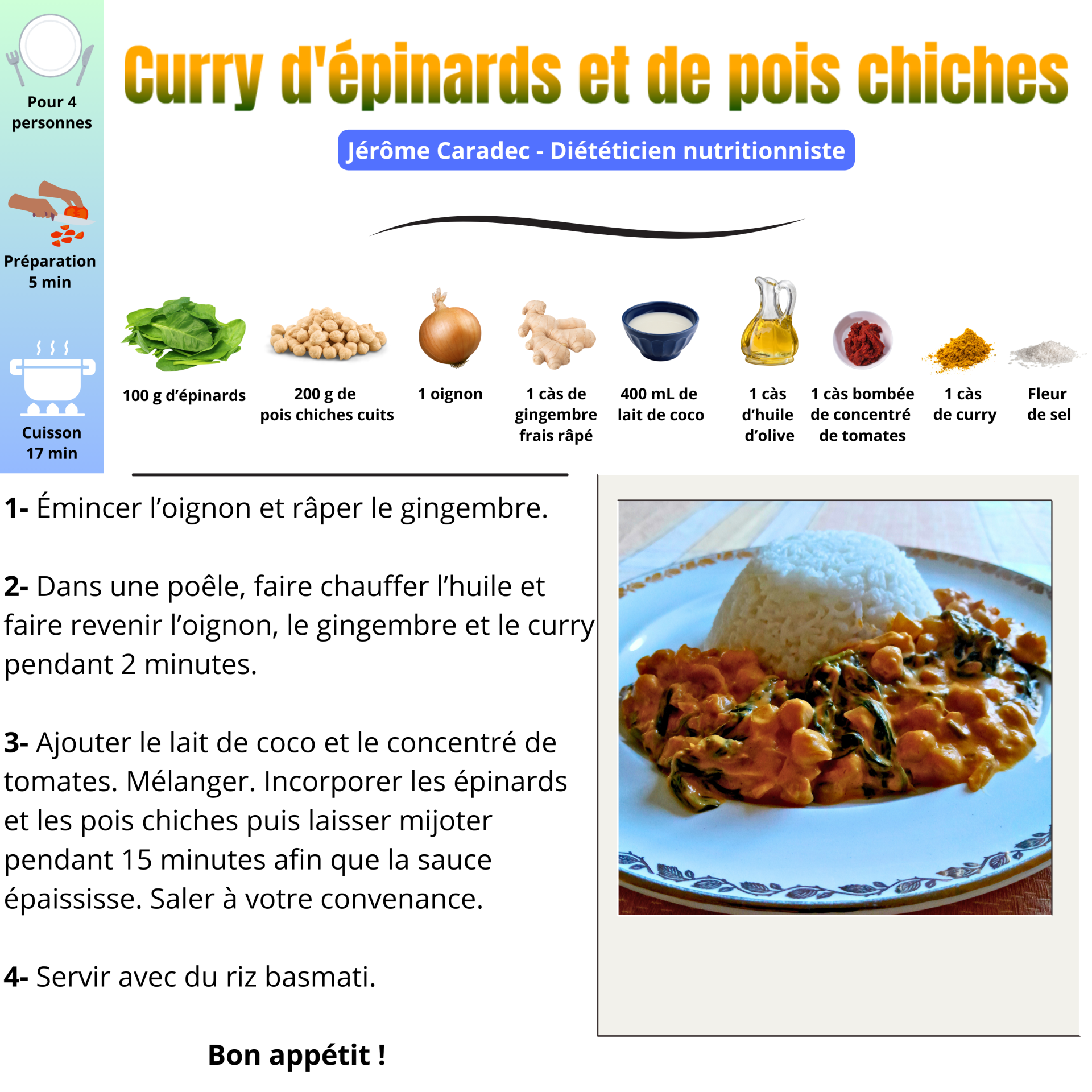 Curry d'épinards et de pois chiches - Jérôme Caradec - Diététicien nutritionniste