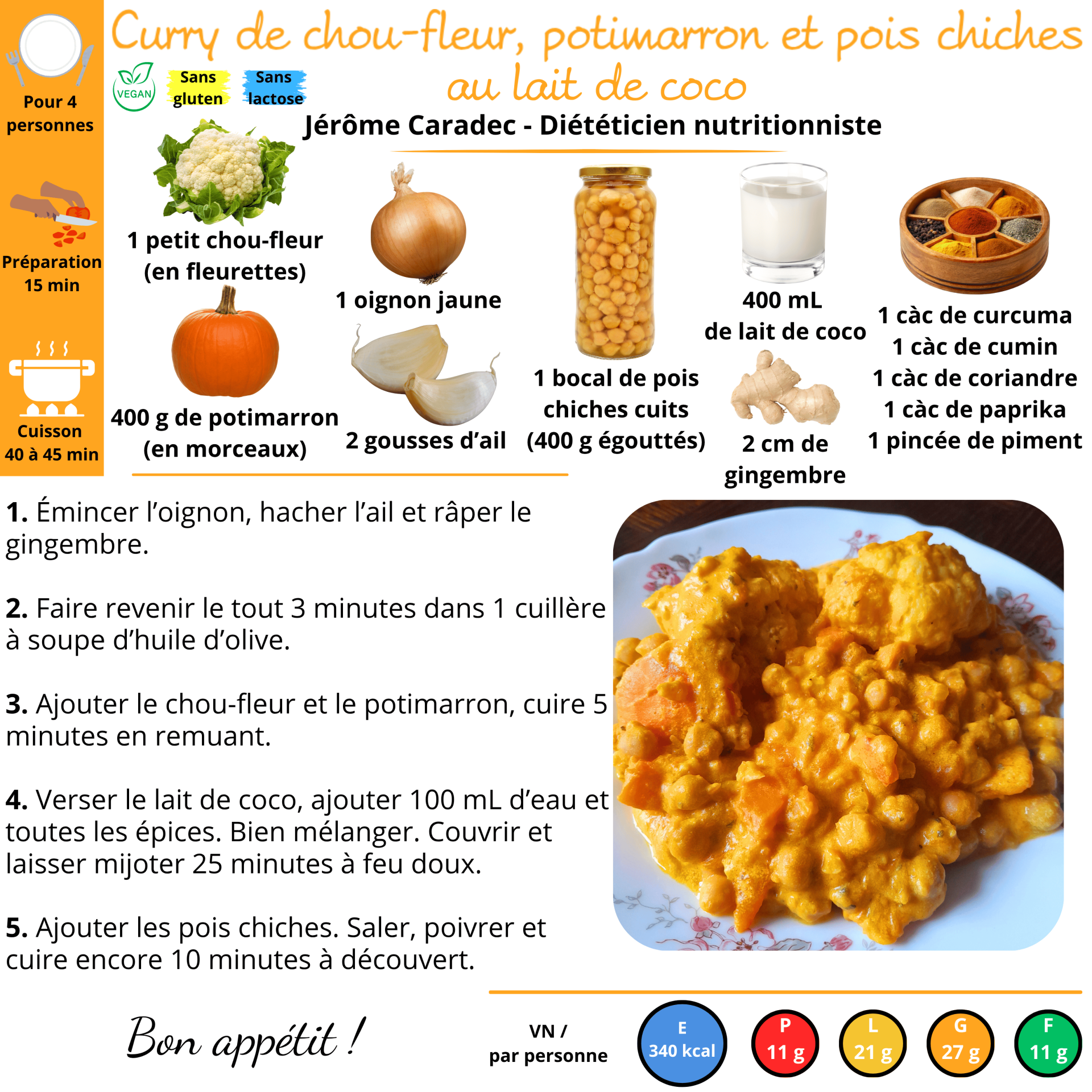 Curry de chou-fleur,potimarron et pois chiches au lait de coco - Jérôme Caradec - Diététicien nutritionniste