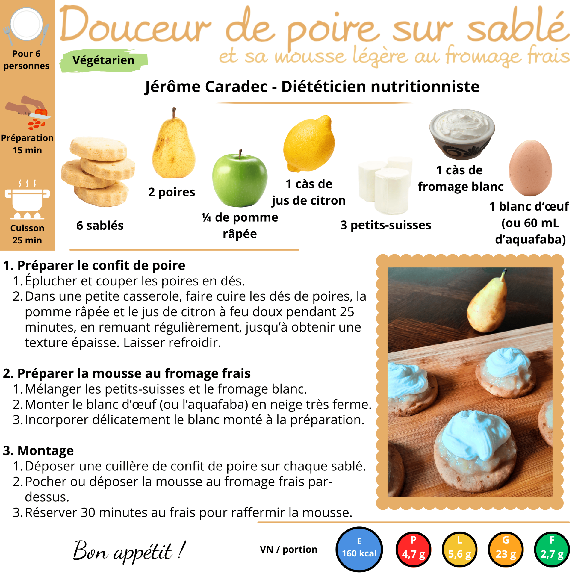 La douceur de poire sur sablé et sa mousse légère au fromage frais de Jérôme Caradec - Diététicien nutritionniste