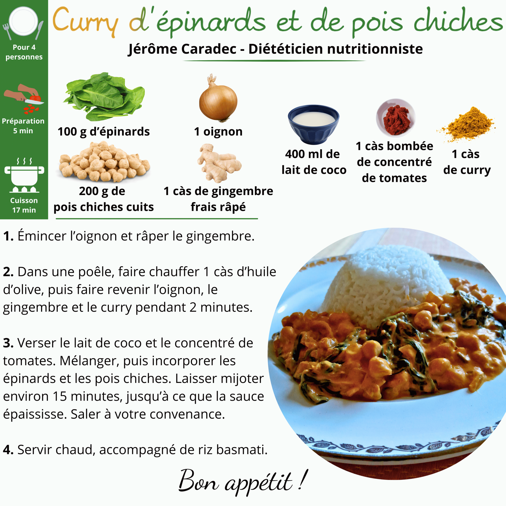 Le curry d'épinards et de pois chiches de Jérôme Caradec - Diététicien nutritionniste