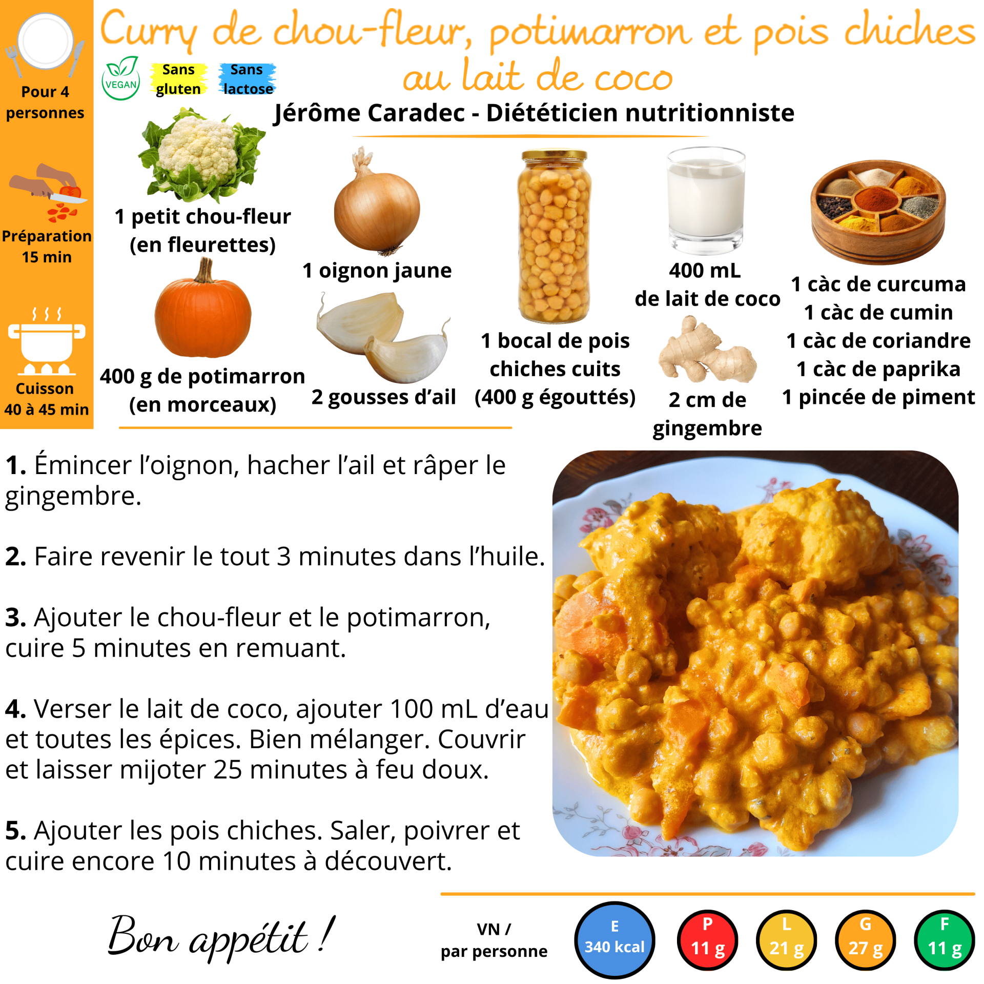 Le curry de chou-fleur, potimarron et pois chiches au lait de coco - Jérôme Caradec - Diététicien nutritionniste
