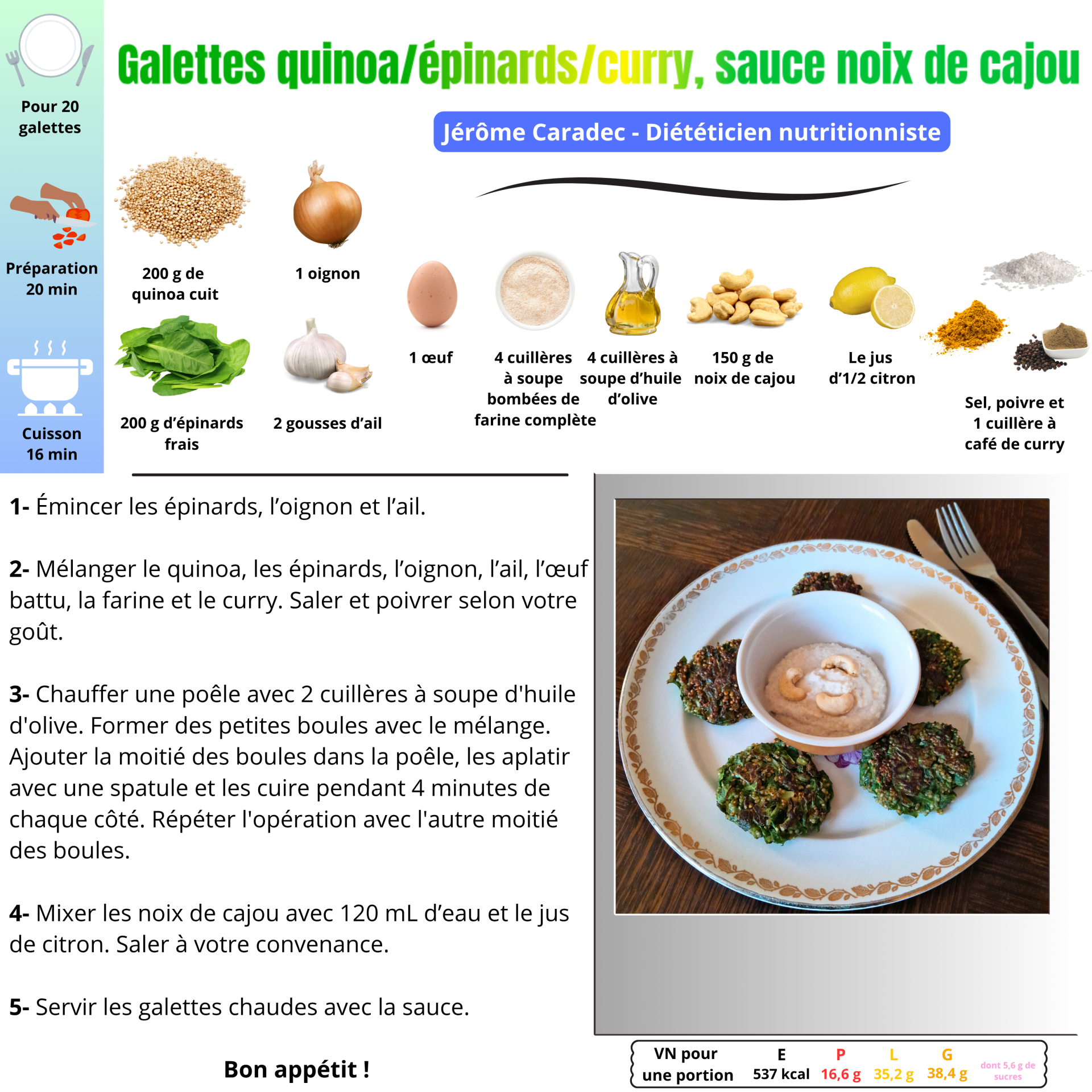 Les galettes quinoa/épinards/curry sauce noix de cajou de Jérôme Caradec - Diététicien nutritionniste