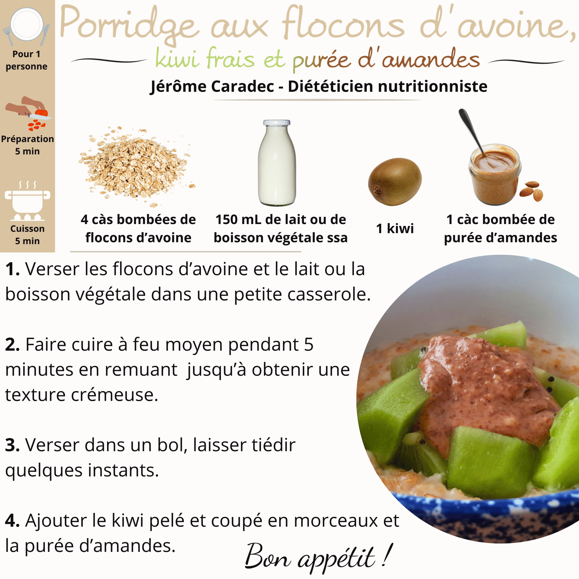 Porridge aux flocons d'avoine, kiwi frais et purée d'amandes de Jérôme Caradec - Diététicien nutritionniste