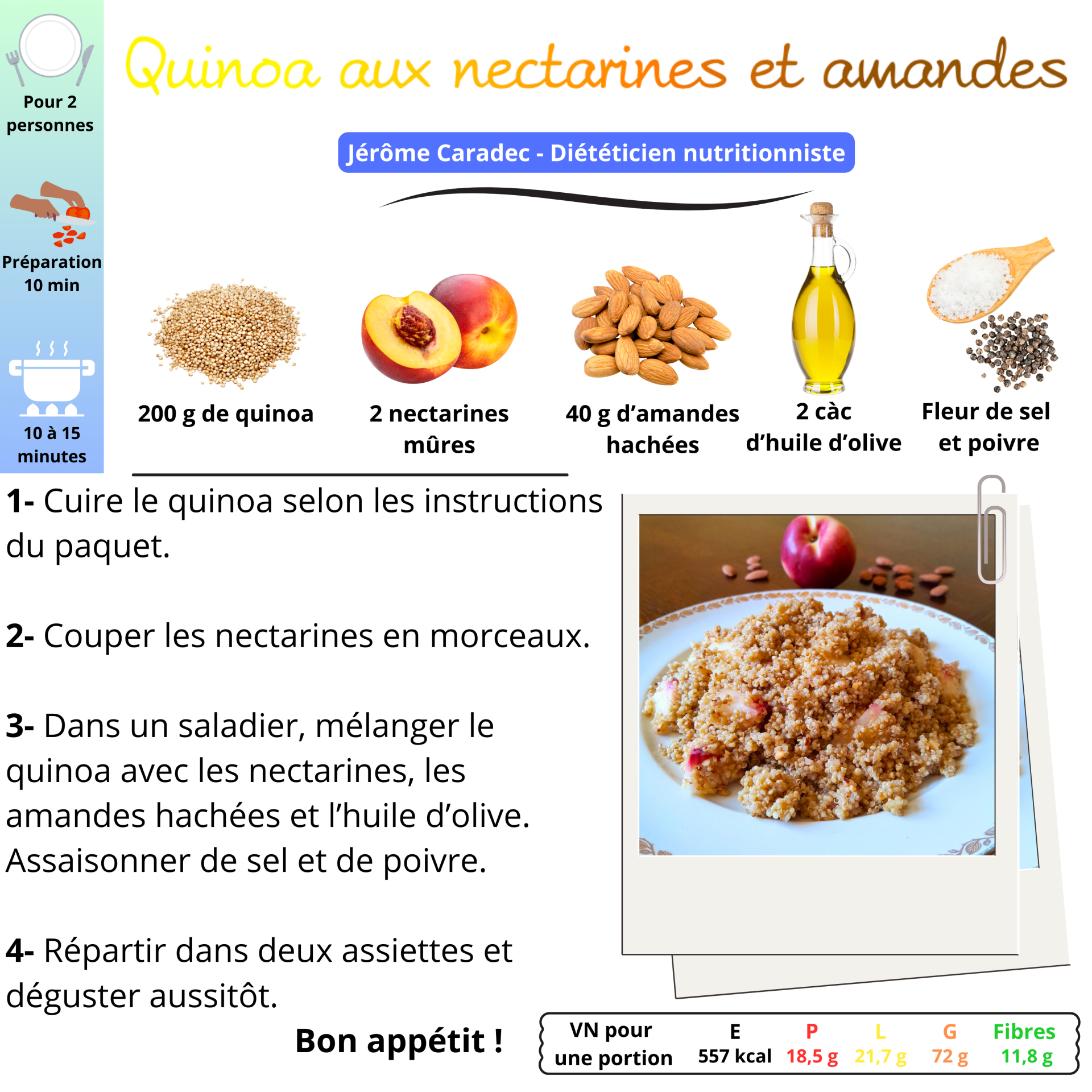 Recette du quinoa aux nectarines et amandes de Jérôme Caradec - Diététicien nutritionniste